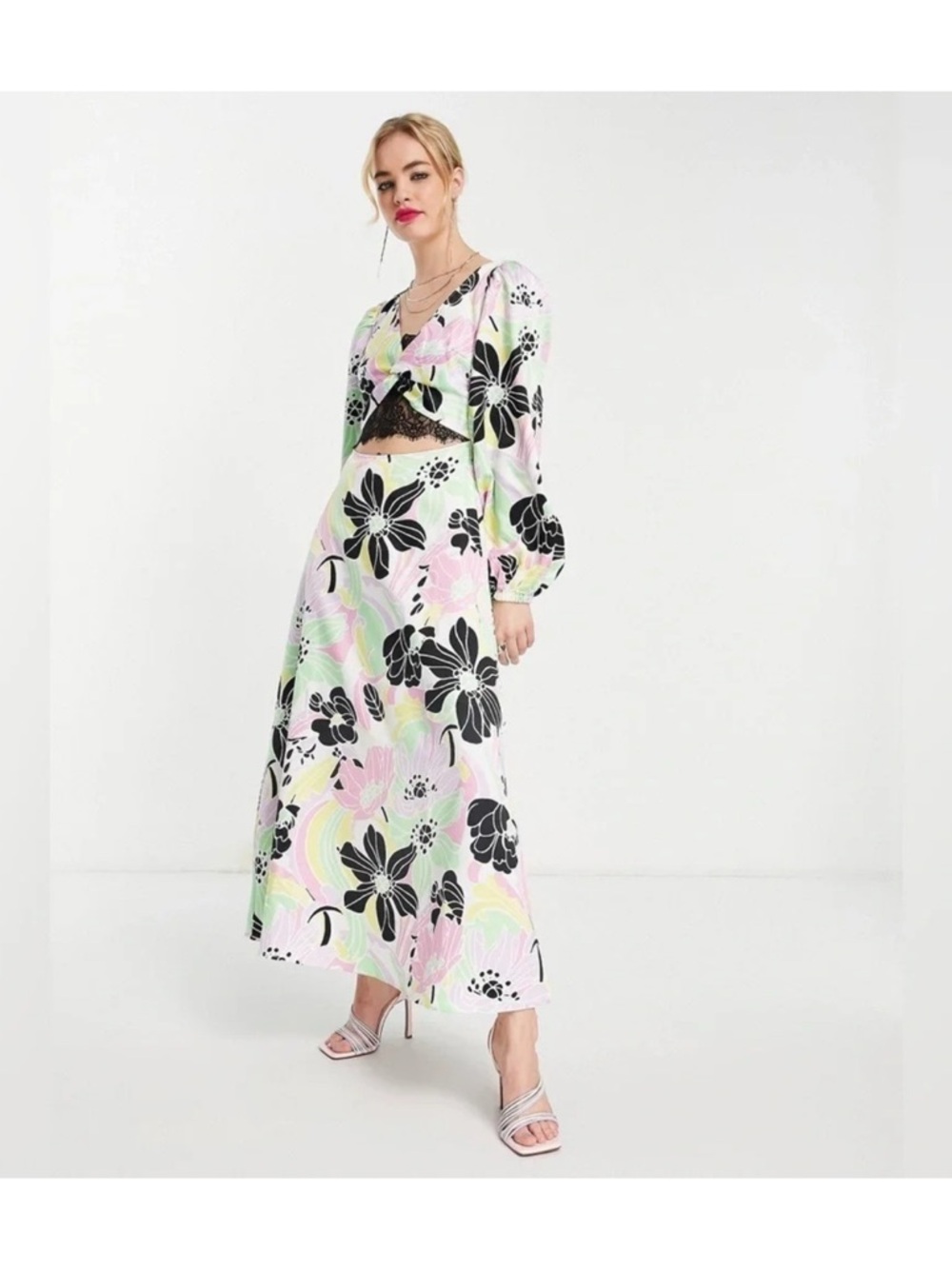 ASOS DESIGN Floral Maxi Dress Pastel Print Long Sleeve Statement Dress Women’s S